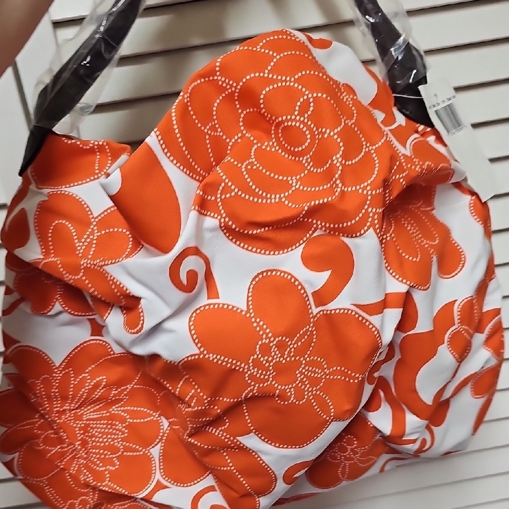 NWT Saks Fifth Avenue Orange and White Floral Slouchy Style Shoulder Bag Zipper - Picture 6 of 9